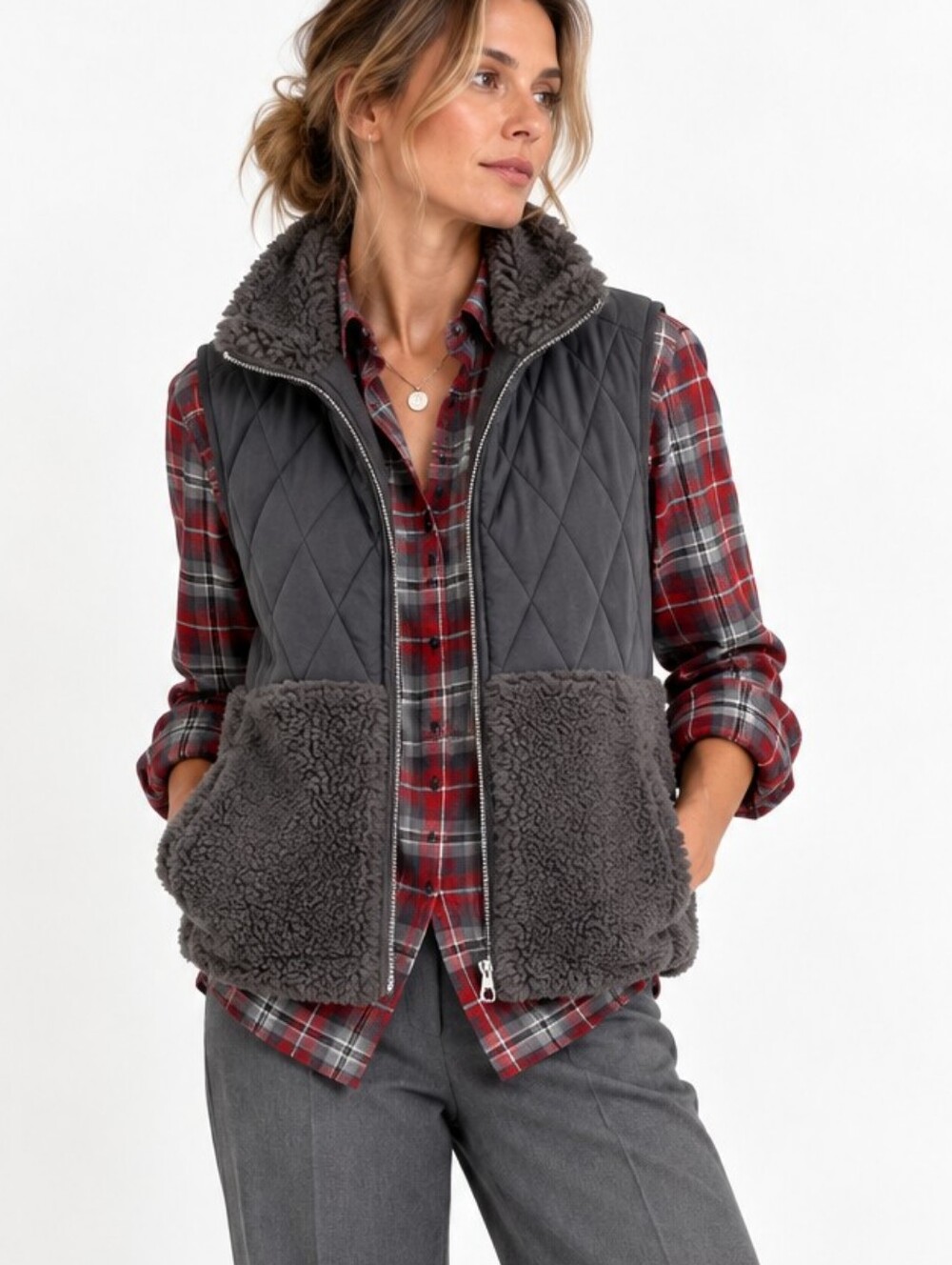 Dylan Vest Wool Blend Gray Quilted and fleece vest